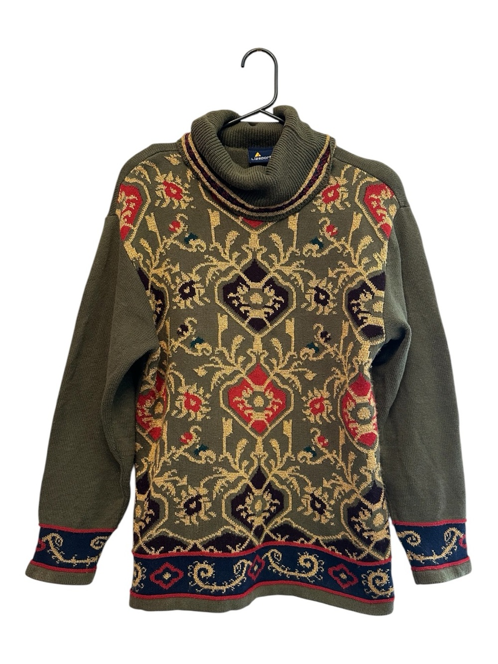 90’s Vintage Lizsport Olive Green Turtleneck Sweater w Red and Cream Jacquard S
